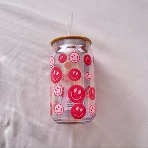 Smiley Face Glass Tumbler with Straw